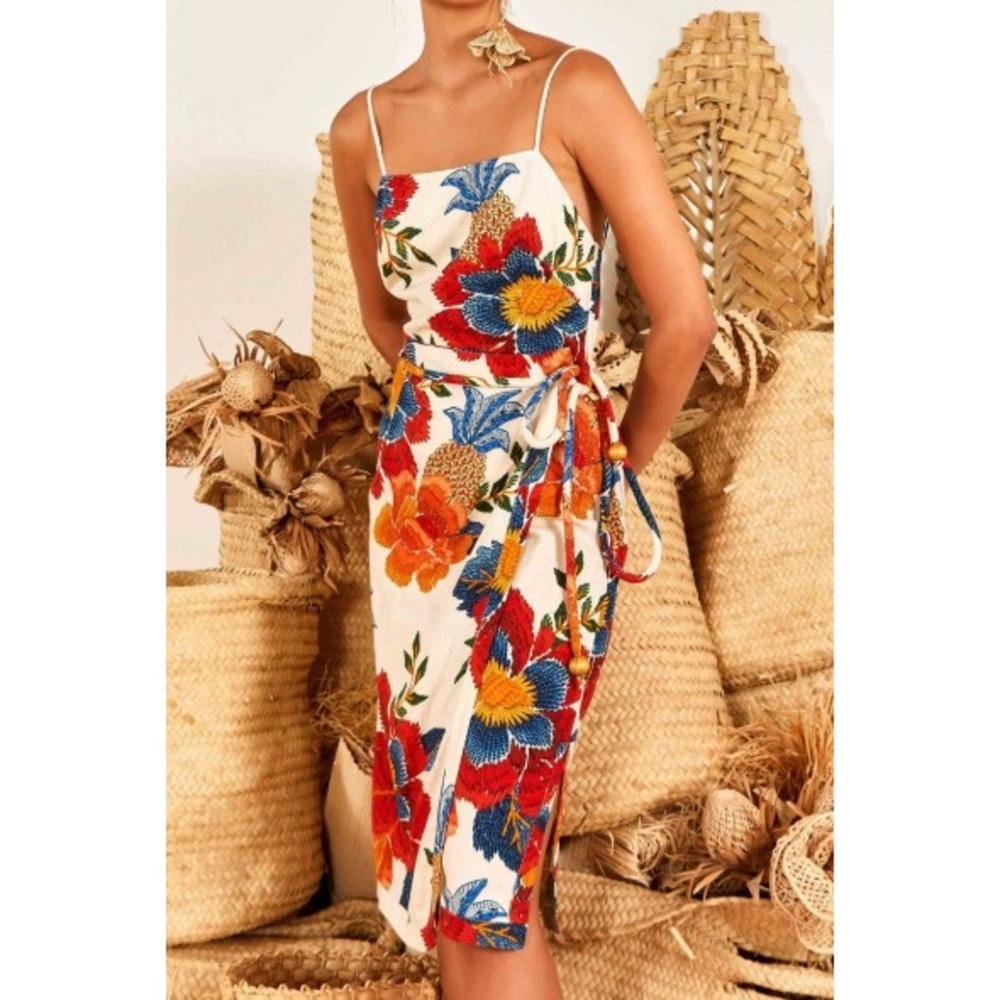 Farm Rio Pineapple Flowers Midi Dress XL Cream Floral Boho Orange Tropical EUC